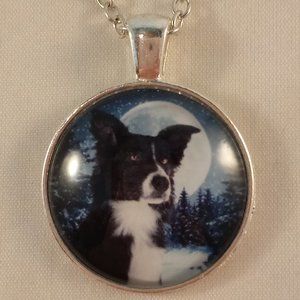 Silver Puppy Dog Border Collie Trees Moon Star Cabochon Pendant Necklace 20"
